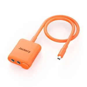 Jackery oranje verlengkabel met dubbele DC-aansluiting, geschikt voor offgrid powerstations en zonnepanelen, met flexibele kabel en beschermkap.
