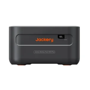 Jackery Battery Pack 1000 Plus draagbare thuisbatterij in donkergrijs met oranje logo en digitaal display voor batterijstatus.
