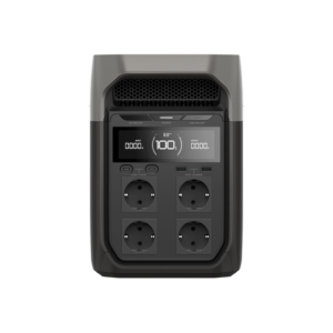 portable powerstation grijs-zwarte mobiele batterij met display en vier stopcontacten, inclusief USB-C en fast charge poorten, frontaal zicht
