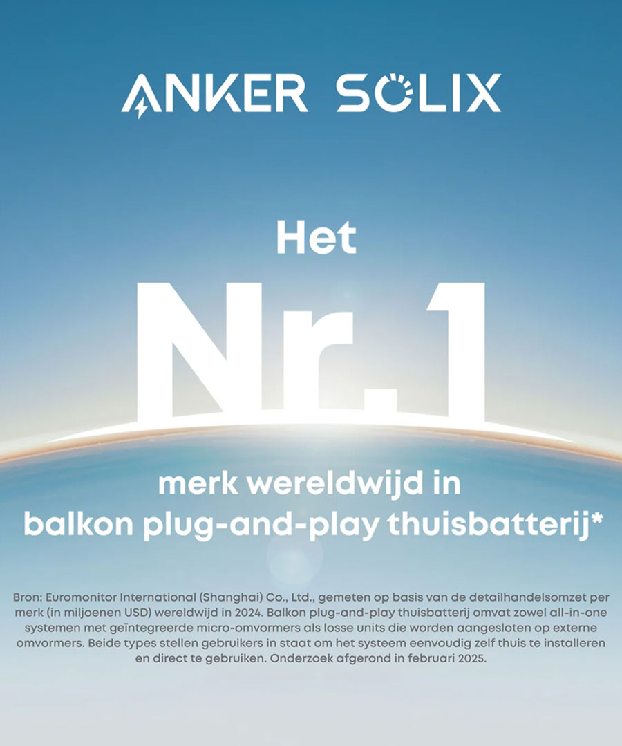 Anker Solix nummer 1 wereldwijd merk in blauwe lucht voor balkon plug-and-play thuisbatterij met witte tekst en zonlicht aan horizon
