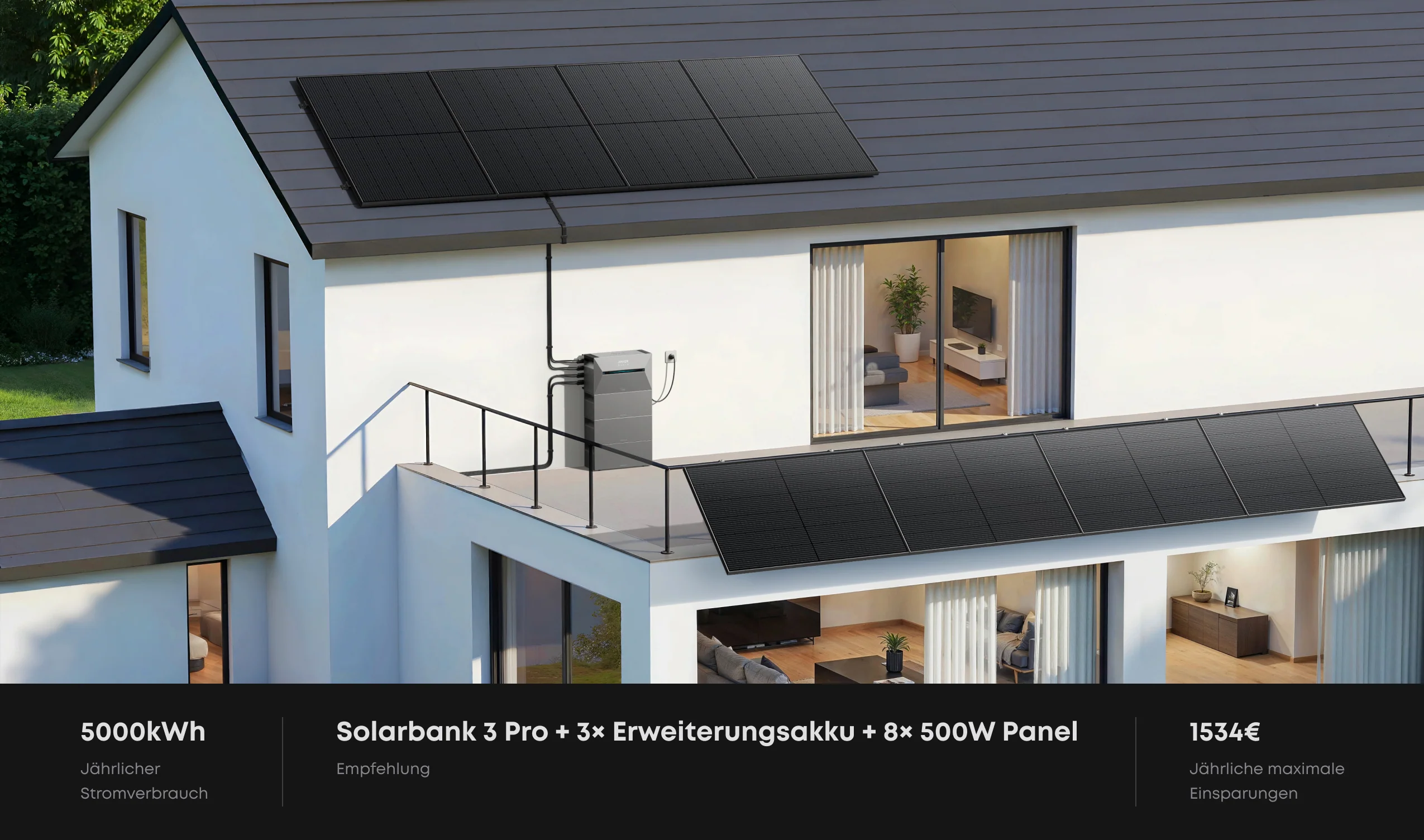zwarte zonnepanelen en grijze thuisbatterij gemonteerd aan moderne witte woning met donkere dakpannen en glazen schuifpui naar woonkamer met planten en meubels