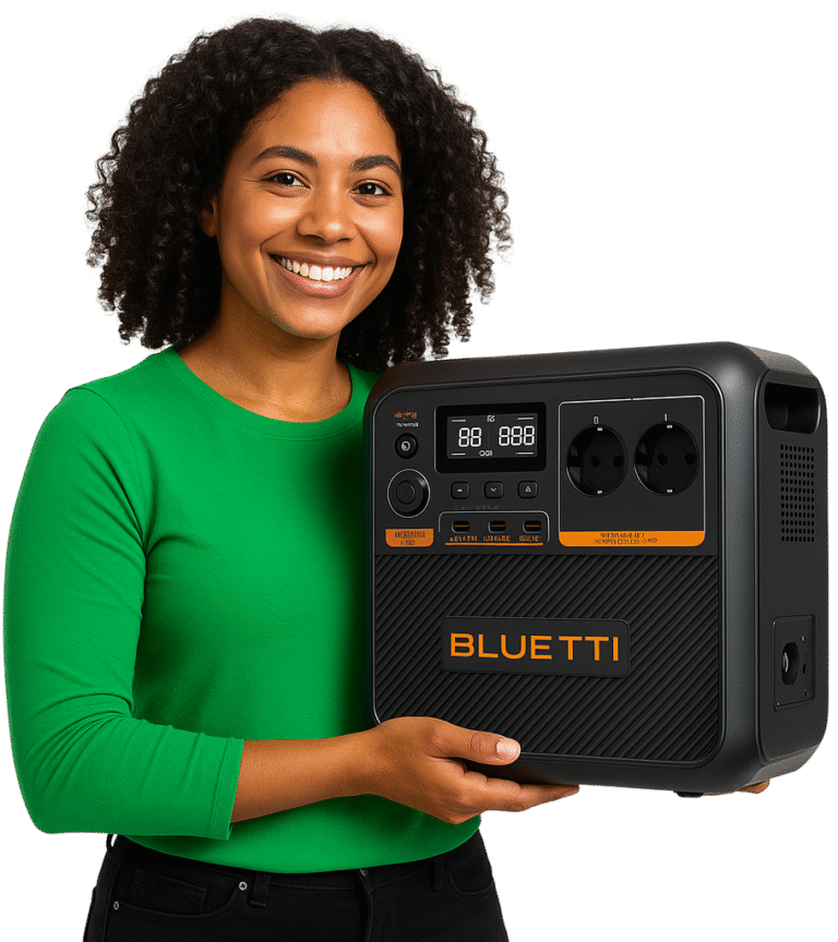 Bluetti draagbare powerstation in zwarte uitvoering met digitaal display, twee standaard stopcontacten en meerdere USB- en DC-uitgangen, vastgehouden door een vrouw in een groene trui.