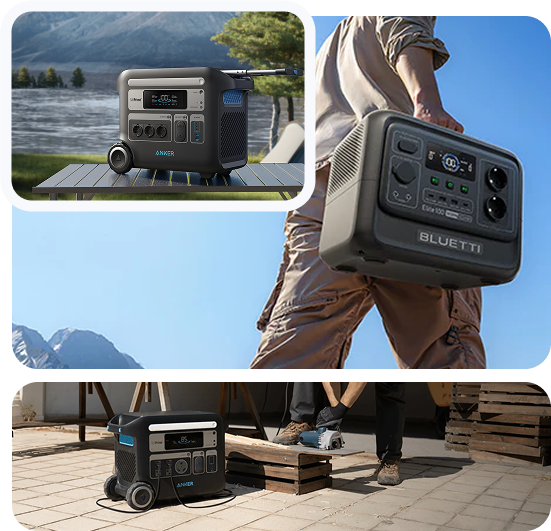 portable powerstation Anker 625 in grijs met digitaal display en wielen, geplaatst op een houten tafel bij een bergmeer; persoon draagt een grijze Bluetti thuisbatterij met handgreep buiten bij helder weer; Anker 625 portable powerstation op stenen vloer naast houten pallets, gebruikt op een bouwlocatie