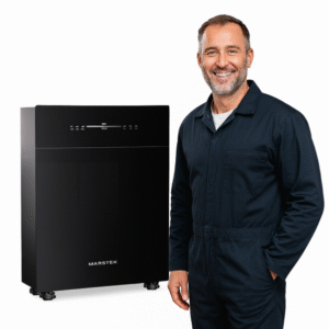 thuisbatterij Marstek zwart met display en man in donkerblauwe overall staand naast batterij tegen witte achtergrond