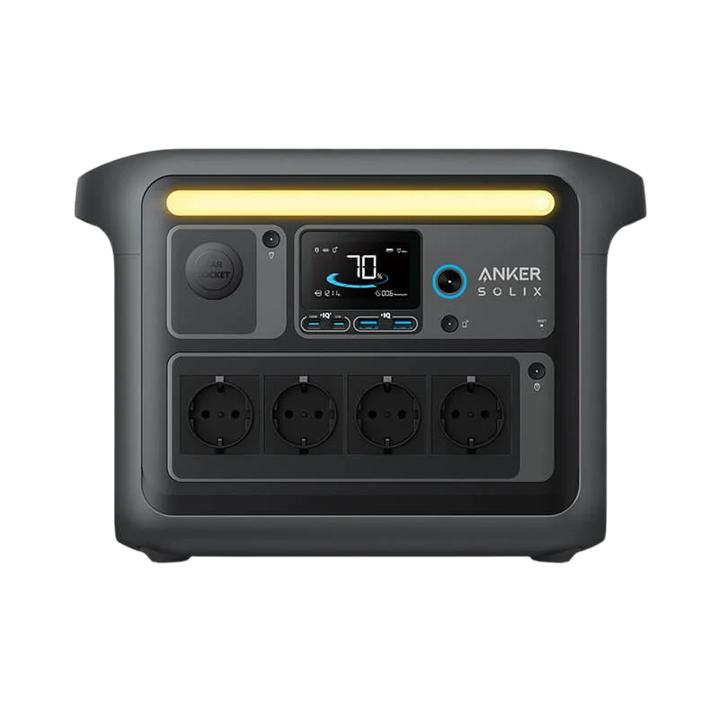 Anker Solix draagbaar zwart stroomstation met vier stopcontacten, display en geïntegreerde LED-zaklamp voor off-grid energievoorziening.