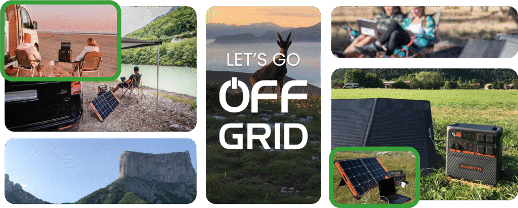 zonnepanelen opvouwbaar en draagbaar met zwarte en oranje accenten naast een laptop en powerstation op grassige buitenlocatie met blauwe lucht en bomen op achtergrond