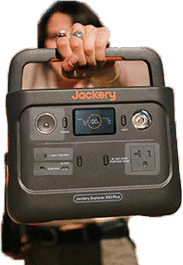 portable powerstation Jackery Explorer 300 Plus in donkergrijs met oranje accenten, vooraanzicht met handgreep en digitaal display, geschikt voor off-grid energievoorziening