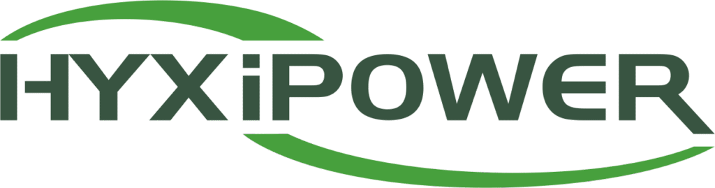 HyxiPower groene en zwarte logo afbeelding met gebogen lijn onder de tekst, symbool voor offgrid energieoplossingen.