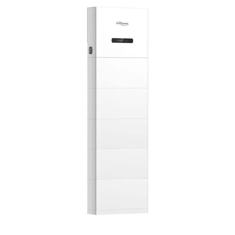 HyxiPower thuisbatterij wit, verticale modulaire opslagunit voor zonne-energie met geïntegreerd display en handgreep aan de zijkant