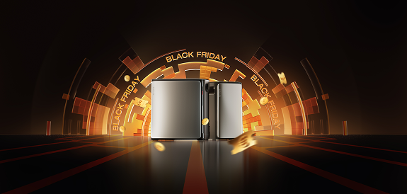 portable powerstation in metallic zilver met futuristische oranje Black Friday achtergrond en digitale elementen