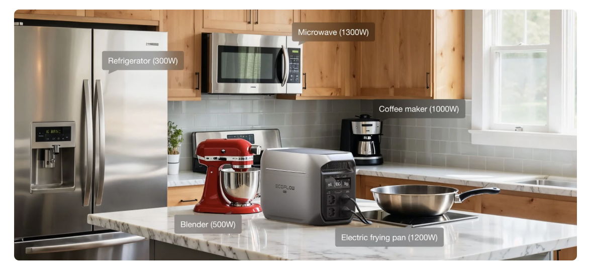 portable powerstation EcoFlow grijs op marmeren keukenblad met diverse keukenapparaten zoals rode blender, zwarte koffiemachine en roestvrijstalen koelkast in moderne houten keukenomgeving