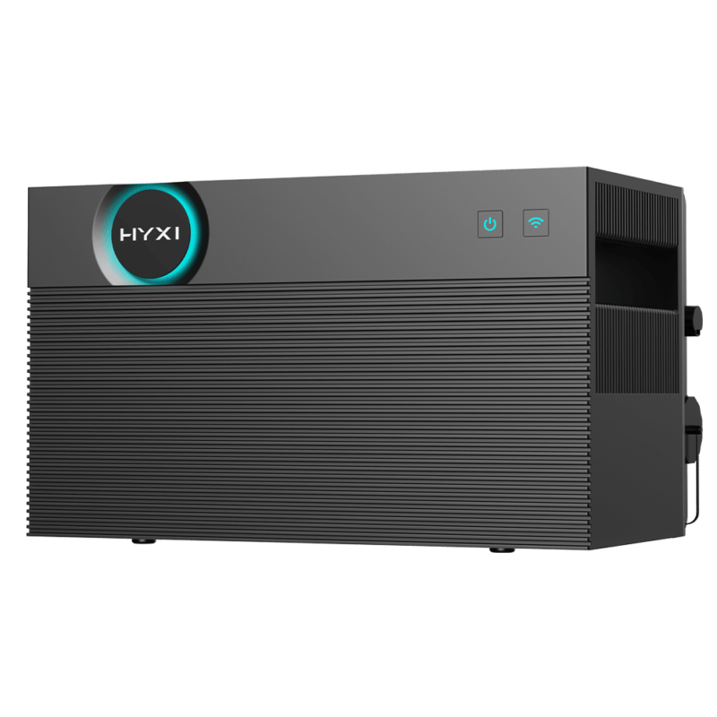 portable powerstation HYXI zwart met blauwe LED-ring en bedieningsknoppen voor aan- en uitzetten en wifi-connectiviteit, compact ontwerp met horizontale groeven