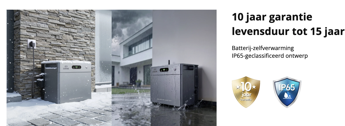 Zonnebatterij Zedure met IP65 waterdichte behuizing en zelfverwarming, grijs van kleur, geplaatst in buitenomgeving met sneeuw en regen, toont duurzaamheid en 10 jaar garantie.
