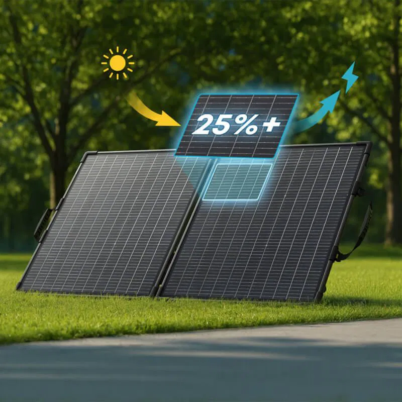 zwarte zonnepanelen op grasveld met illustratie van zon en blauw energie-pictogram en tekst 25%+ voor verhoogde opbrengst van offgridpowerstation.nl