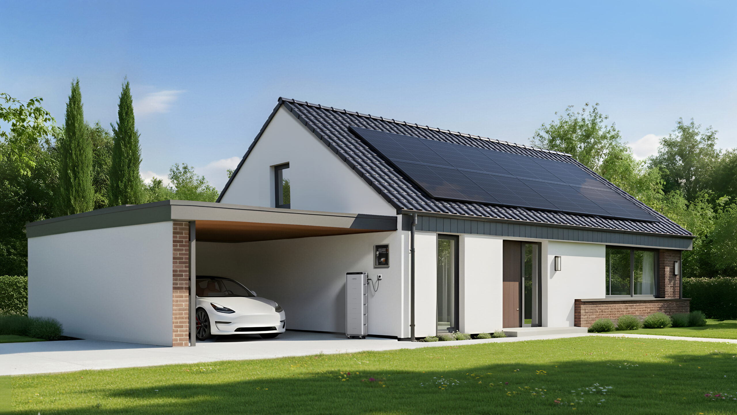 zwarte zonnepanelen op hellend dak van moderne witte woning met geïntegreerde thuisbatterij aan muur naast garage met elektrische witte auto eronder en groene tuin bij helder blauwe lucht
