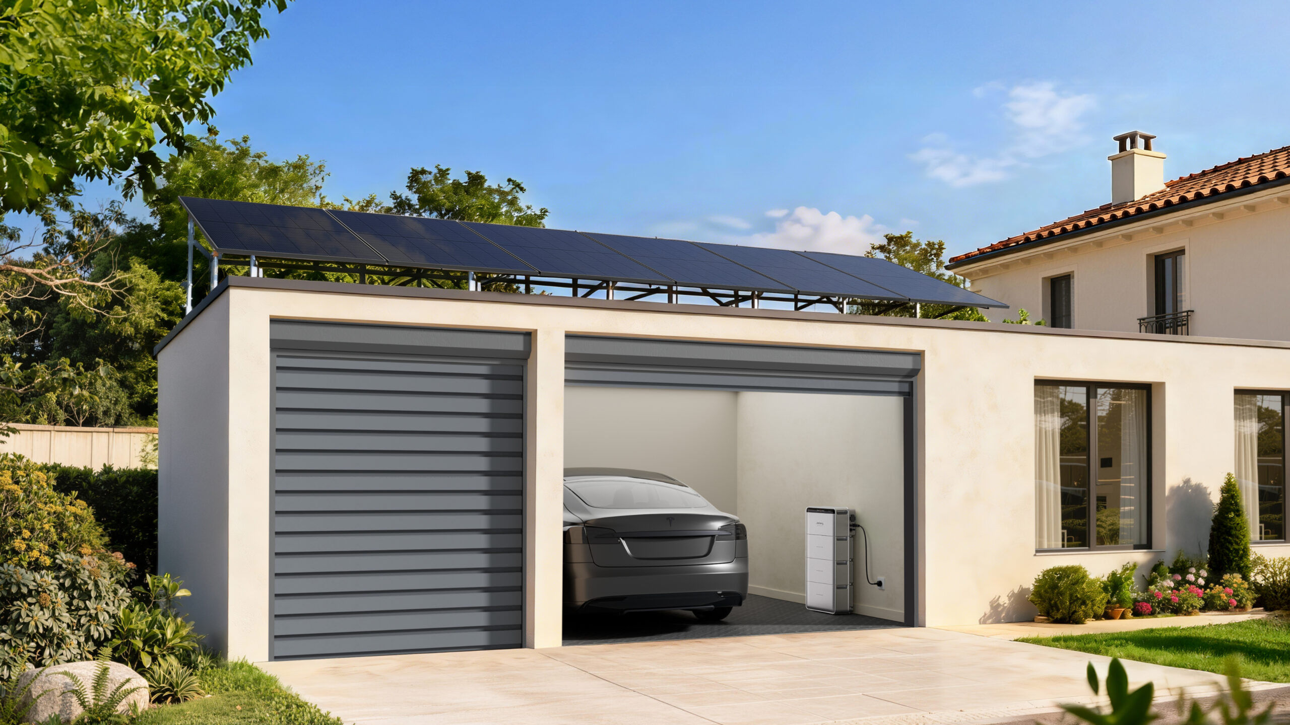 zwarte zonnepanelen op aluminium montageframe op plat dak van garage met elektrische auto en witte thuisbatterij zichtbaar in lichte garage naast moderne woning with groen in de omgeving en blauwe lucht