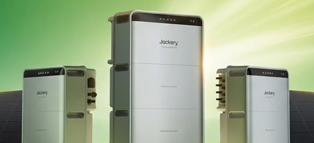 Jackery thuisbatterijen in witte behuizing met handgrepen, weergegeven in een groene achtergrond met zonlicht en zonnepanelen, geschikt voor off-grid energieopslag.