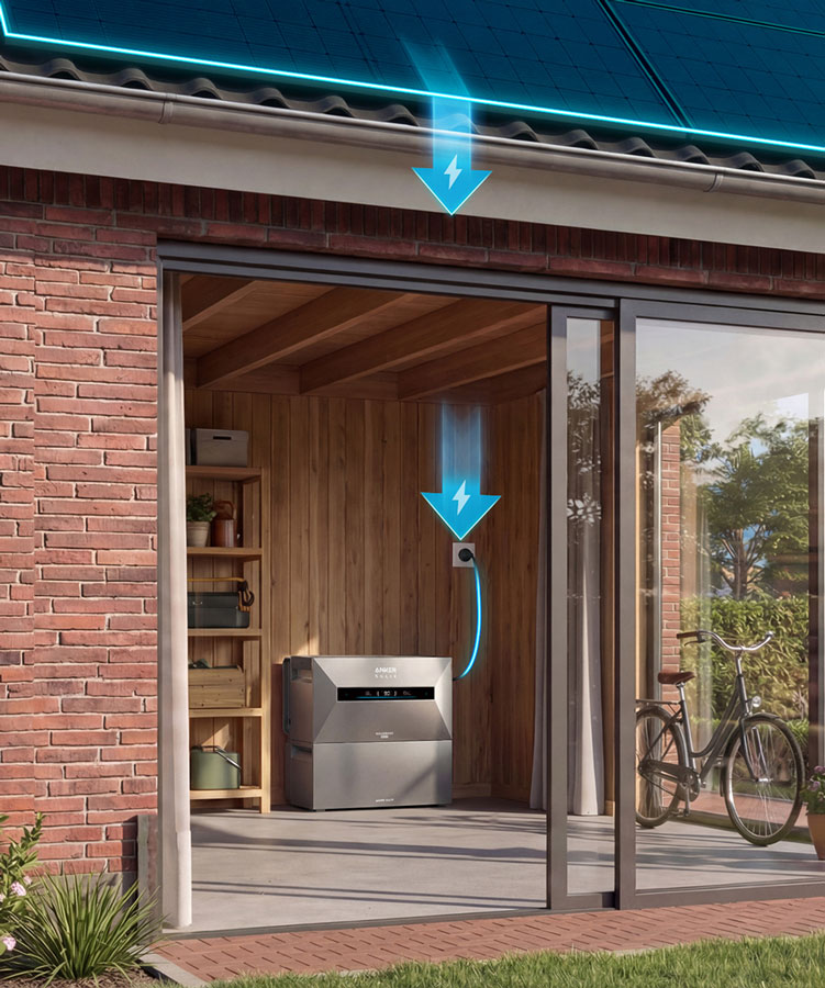 thuisbatterij Anode grijs geplaatst in houten schuur met binnenzicht en blauwe pijlen die energieaanvoer van zonnepanelen naar batterij en stopcontact aangeven