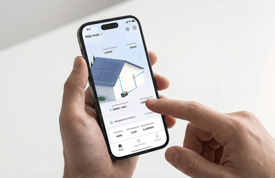 app voor zonnepanelenmonitoring toont realtime energieproductie en verbruik op smartphone met grafische weergave van huis met zonnepanelen en thuisbatterij