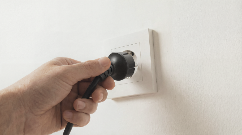Stekker in wit stopcontact met hand, symbool voor het aansluiten van een offgrid powerstation of zonne-energie systeem.