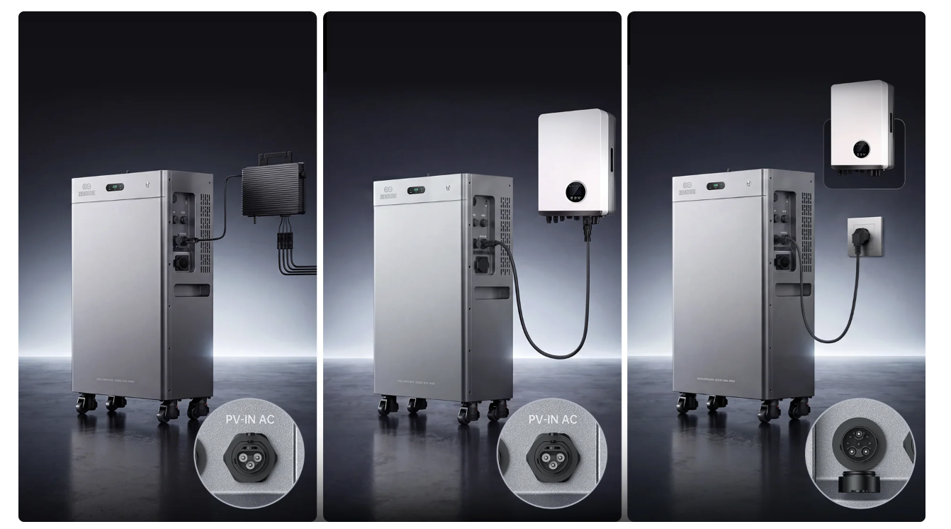 Thuisbatterij ZENETURE Solarfly 4000 M1 Pro grijs met bijpassende witte omvormer en zwarte verbindingskabels, getoond in drie verschillende aansluitconfiguraties tegen een neutrale achtergrond.