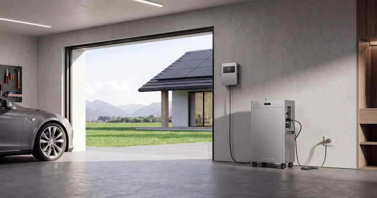 thuisbatterij en omvormer in moderne garage met elektrische auto en huis met zonnepanelen het raam uitzicht op groene natuur en bergen
