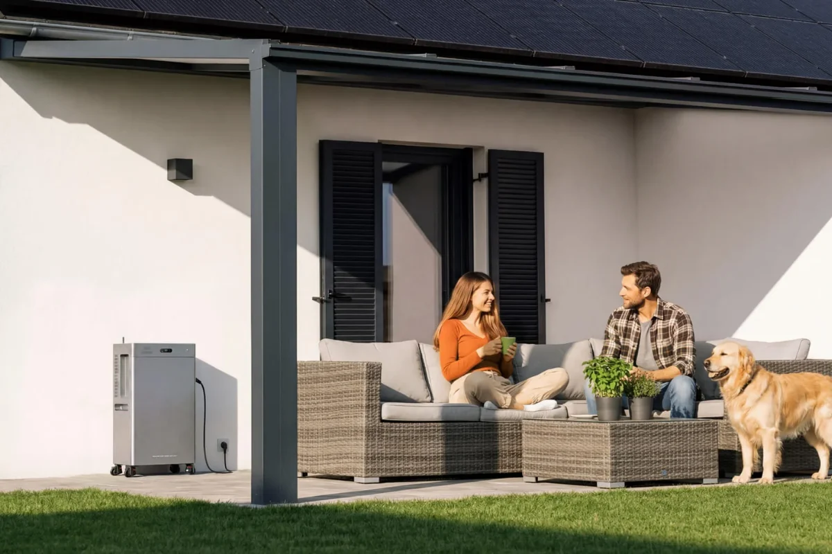 portable powerstation grijs op wielen buiten op terras bij moderne woning met zonnedak, naast zittend stel en golden retriever hond op gazon