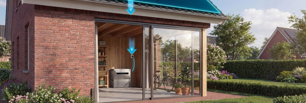 zonnepanelen op dak van roodstenen woning met glazen schuifdeuren en offgrid powerstation binnen in houten schuur met elektrische aansluiting en fiets voor duurzame energie thuis