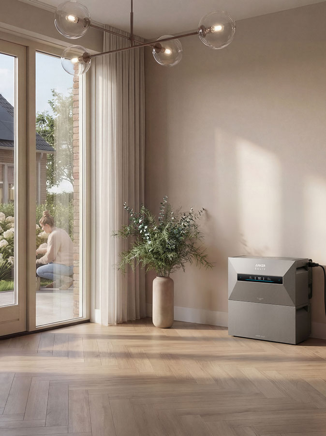 thuisbatterij Anker 8M, grijs, staand in een moderne lichte woonkamer met houten visgraatvloer naast een grote vaas met groen planten, zichtbaar stroomaansluiting aan de rechterkant