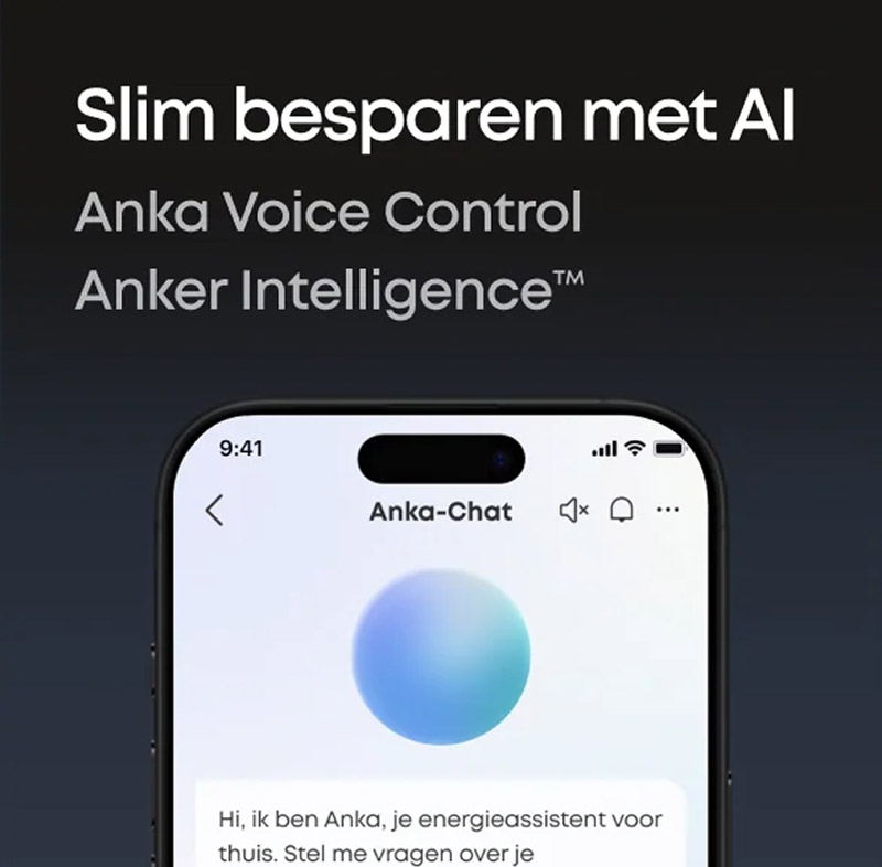Zonnepanelen AI energiebesparingsapp scherm met Anka Voice Control en Anker Intelligence interface op smartphone, overzicht van slimme energieassistent voor thuisgebruik