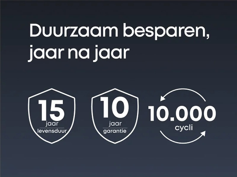 Duurzaam besparen met 15 jaar levensduur, 10 jaar garantie en 10.000 laadcycli illustratie in witte tekst en iconen op donkerblauwe achtergrond