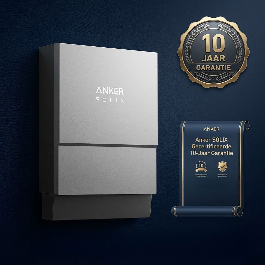 Anker SOLIX grijze zonnestroom omvormer met zwarte onderkant, inclusief gouden 10 jaar garantie-embleem en gecertificeerde garantiebanner op donkerblauwe achtergrond.