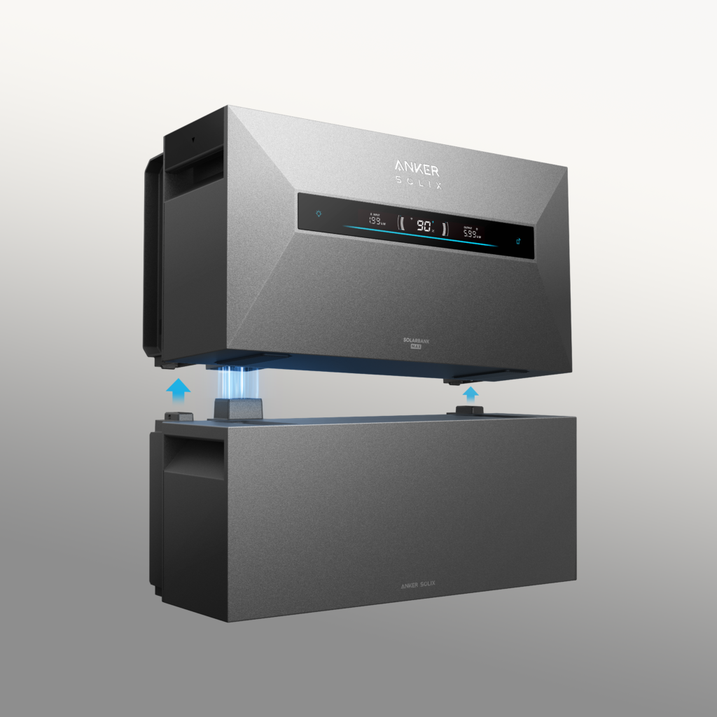 Een modulaire Anker SOLIX thuisaccu met digitaal display, een voorbeeld van de beste plug-in thuisbatterijen van 2026.