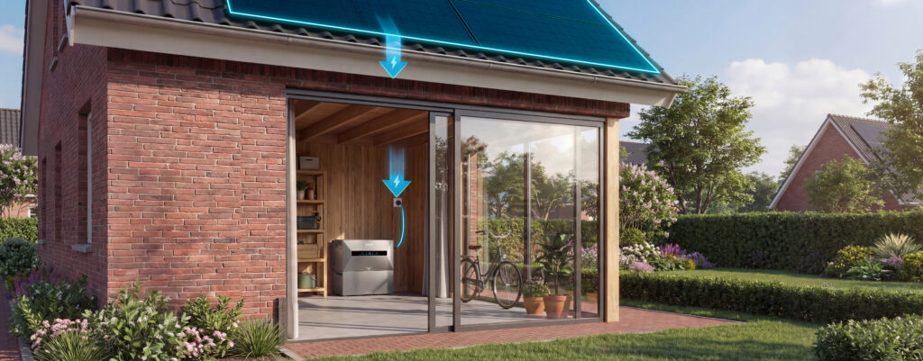 Illustratie van een thuisbatterij in de schuur die opgewekte stroom van de zonnepanelen opneemt.