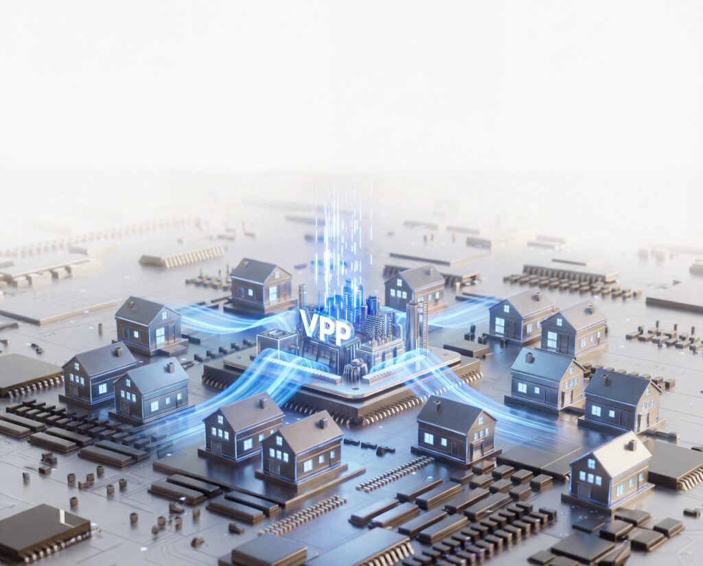 3D visualisatie van VPP (Virtual Power Plant) concept met blauwe energiestromen rond kleine grijze huizen op een printplaat, die slimme energieopslag en distributie symboliseert voor off-grid energieoplossingen.