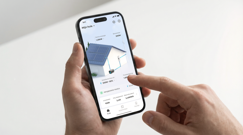 Zonnepanelen monitoringsapp op smartphone met huis en Solarbank Max AC, toont realtime energiestromen en opbrengst in blauwe en witte interface.