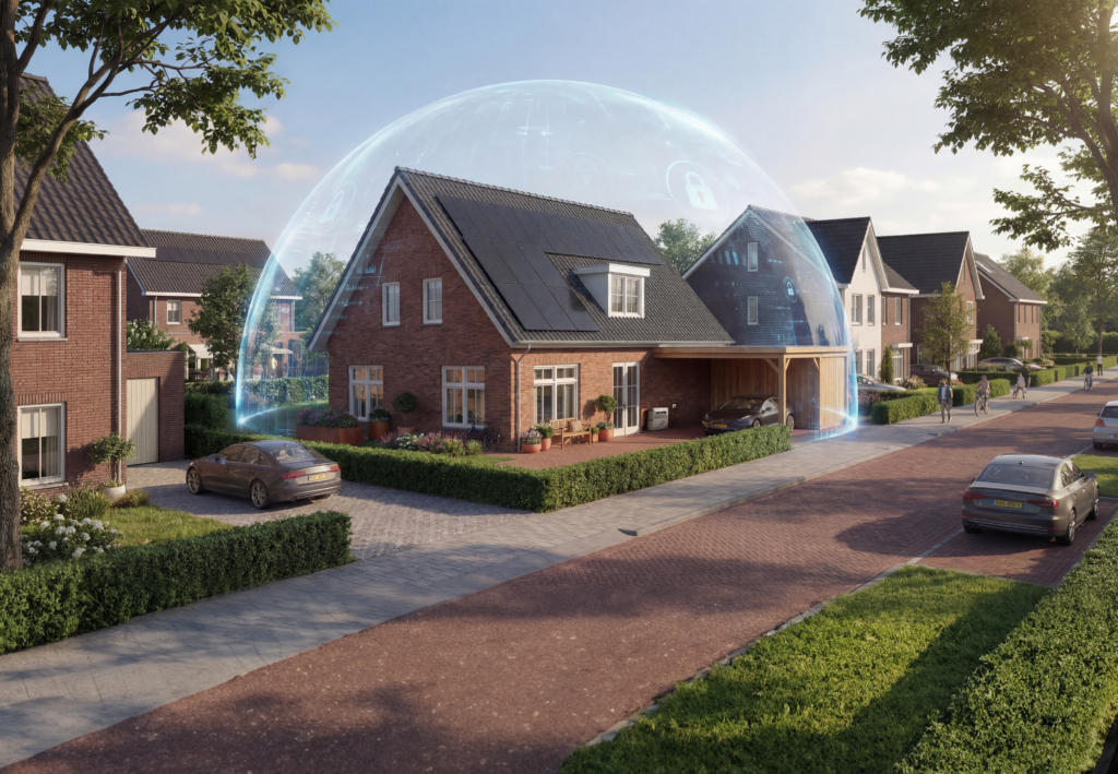 Zonnepanelen op rood bakstenen huis met grijze dakpannen, omgeven door een doorzichtige beschermende energiebubbel in een woonwijk met groene bomen en een blauwe lucht, illustrerend duurzame energiebescherming en thuisbatterij-integratie.