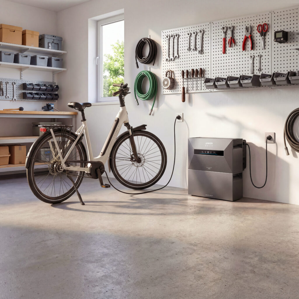 Beste thuisbatterij met stekker: een grijze Anker Solix thuisbatterij staat op de vloer van een georganiseerde garage en is aangesloten op het stopcontact, met een witte elektrische fiets op de voorgrond.