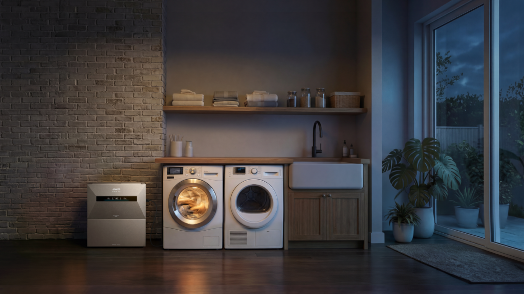 Anker Solix Zonnebatterij in moderne wasruimte met wit en grijs, naast wasmachine en droger, warm verlichte houten plank met opgevouwen handdoeken en glazen potten bovenaan, avondlicht door groot raam met planten zichtbaar.