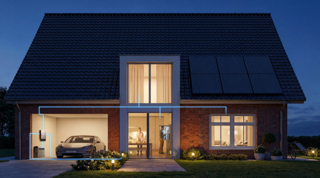 zwarte zonnepanelen op donker dak van moderne woning met verlichting binnen en elektrische auto in garage aangesloten op thuisbatterij en omvormer zichtbaar via blauwe stroomlijnen
