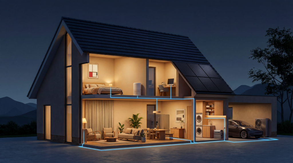 zonnestroomsysteem met zwarte zonnepanelen op dak van modern huis, interieur met bed, bureaustoel, wasruimte en garage, blauw gloeiende stroomlijnen die energieverdeling door woning tonen tijdens avondschemering