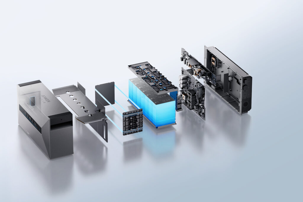 Exploded view van de Anker Solix Solarbank Max thuisbatterij met behuizing, batterijcellen en interne componenten.