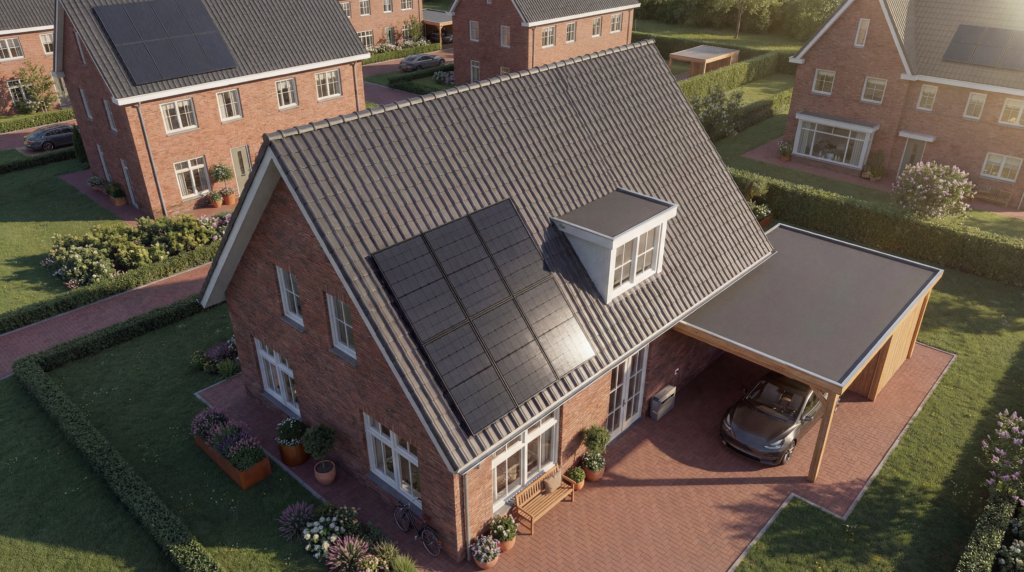 zonnepanelen op grijs pannendak van moderne vrijstaande woning met carport en elektrische auto, geplaatst in groene woonwijk met rode bakstenen huizen en goed onderhouden tuinen