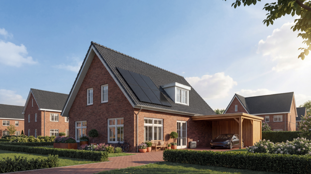 zwarte zonnepanelen op het dak van een rood bakstenen eengezinswoning met grijs pannendak, onder een blauwe lucht met enkele wolken, zonnige dag in een woonwijk met omliggende vergelijkbare woningen en groene tuin, inclusief een portable powerstation naast de garage onder een houten carport met een zwarte elektrische auto
